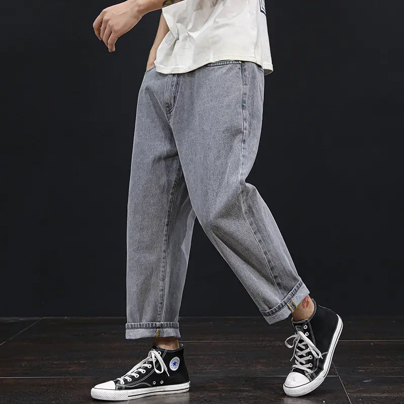 Plus Size Men Denim Cropped Pants 2022 Grey