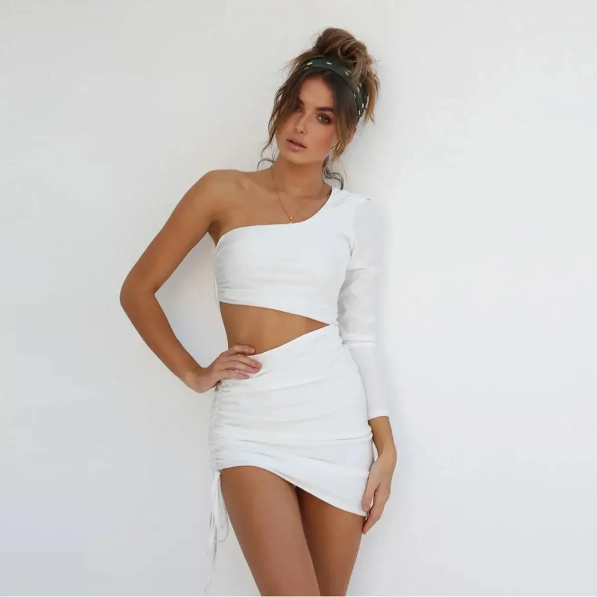 White One-Shoulder Cut Out Strap Dress for Women
