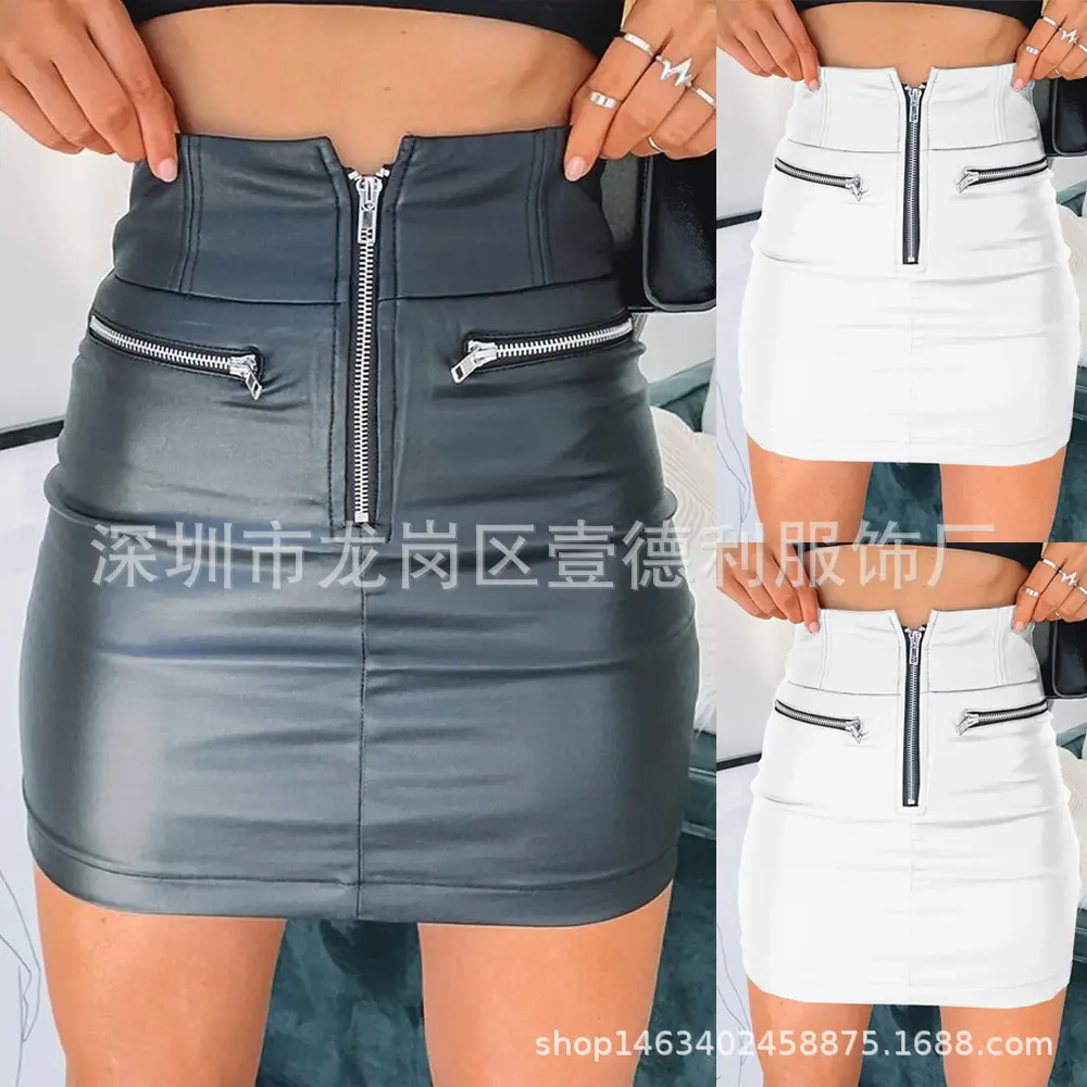 Women Leather Zipper Hip Skirt Grey American European - Image 5