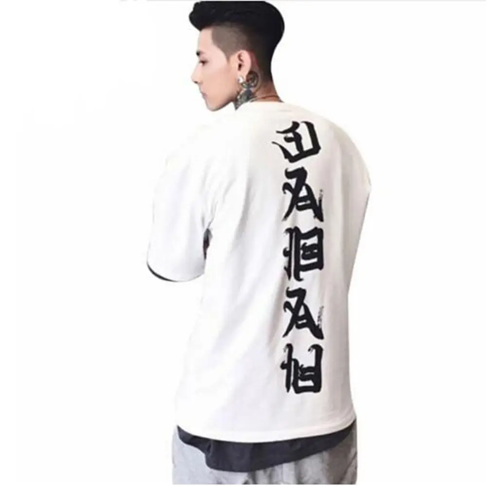 Men White Short Sleeve T-Shirt with Japanese Text Back - Image 2