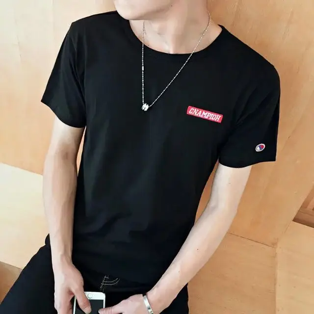 Men Black Slim Fit Short Sleeve T-Shirt Korean Style - Image 7