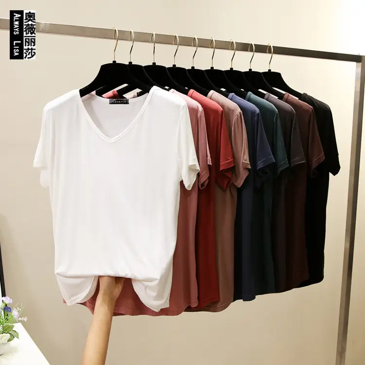 Women Black V Neck T-Shirt Slim Fit Short Sleeve - Image 10