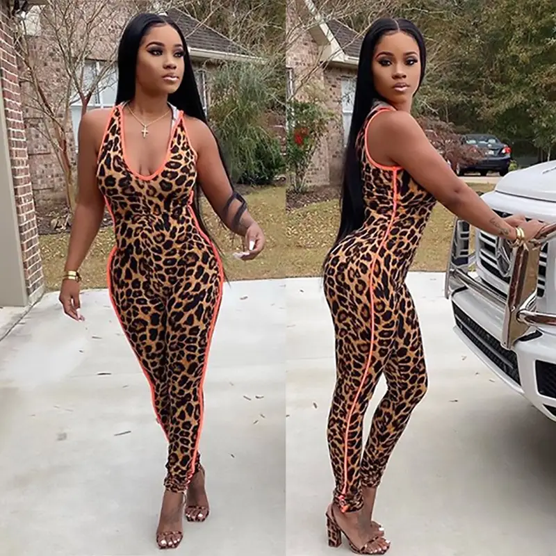 Women Leopard Print Slim Fit Jumpsuit with Orange Side - Image 2