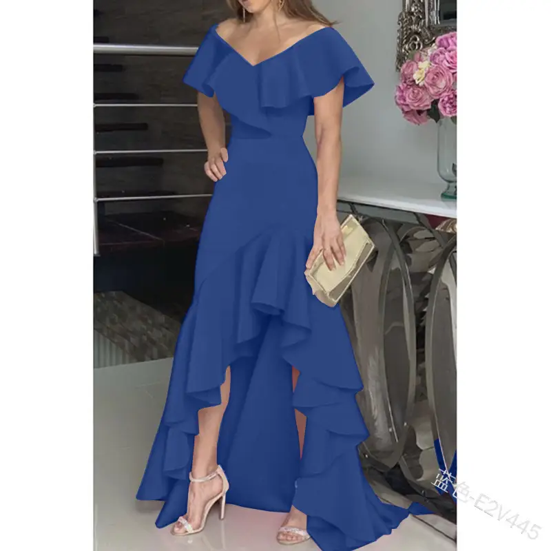 Women's Green Ruffled V Neck Dress with Asymmetrical Flare