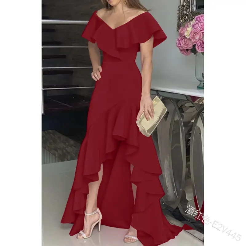 Women's Green Ruffled V Neck Dress with Asymmetrical Flare