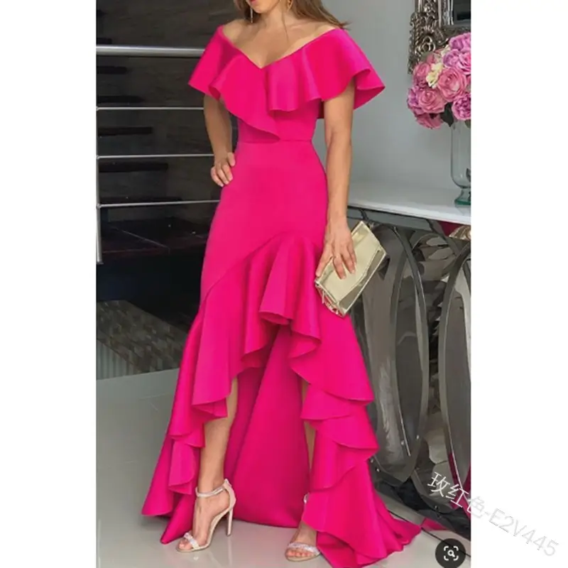 Women's Green Ruffled V Neck Dress with Asymmetrical Flare