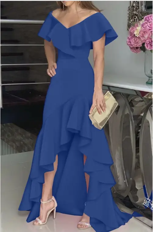 Women's Green Ruffled V Neck Dress with Asymmetrical Flare