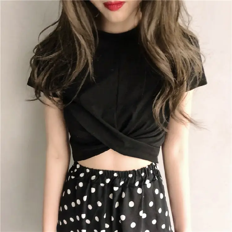 Women Black Twist Crop Top with Polka Dot Skirt - Image 4