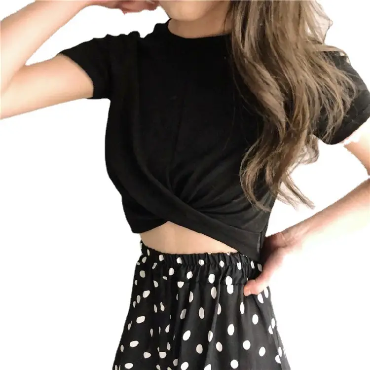 Women Black Twist Crop Top with Polka Dot Skirt - Image 7