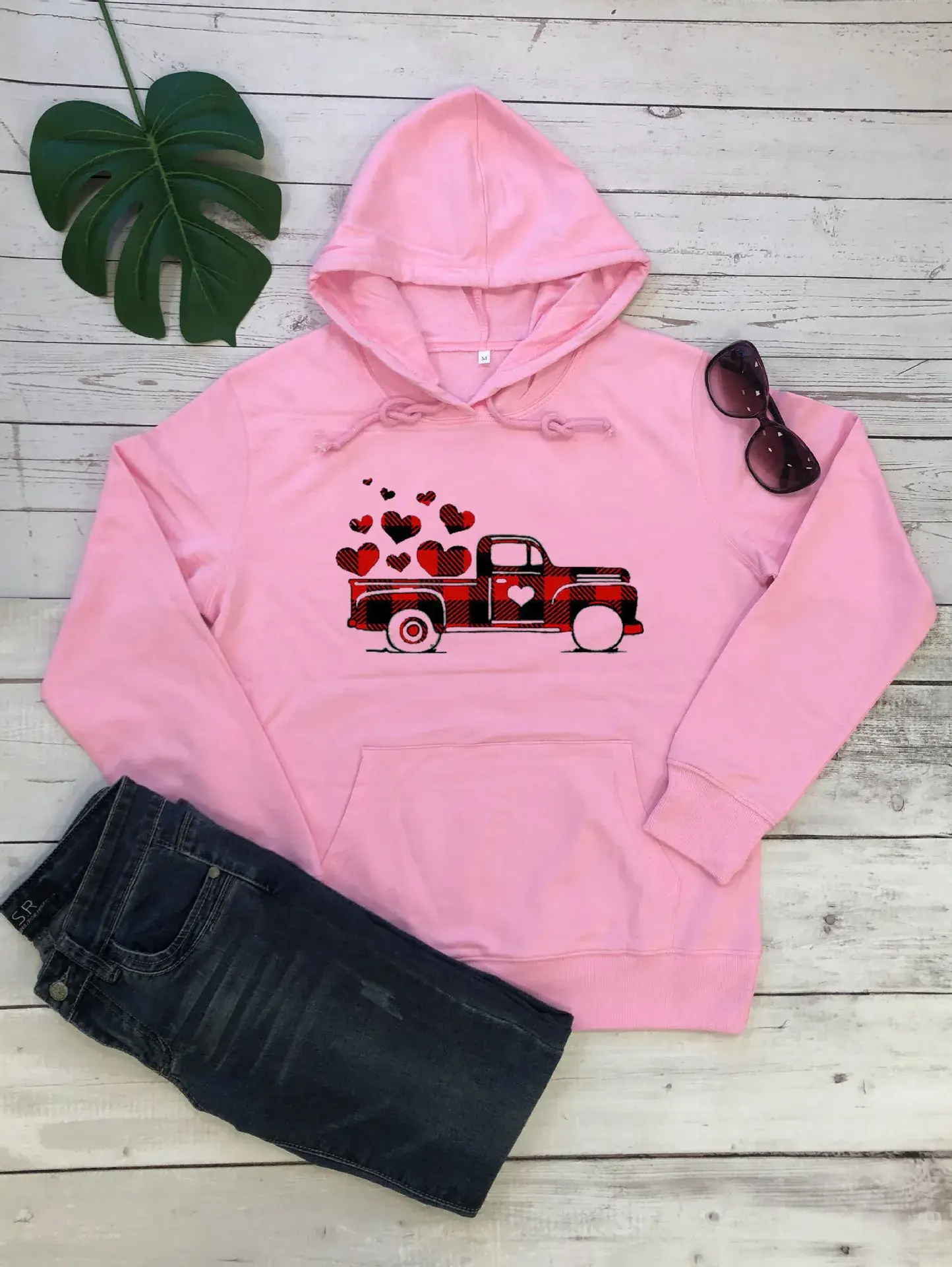 Grey Hooded Sweatshirt with Red Car Heart Print