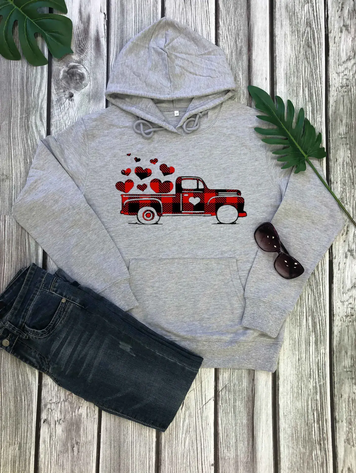 Grey Hooded Sweatshirt with Red Car Heart Print