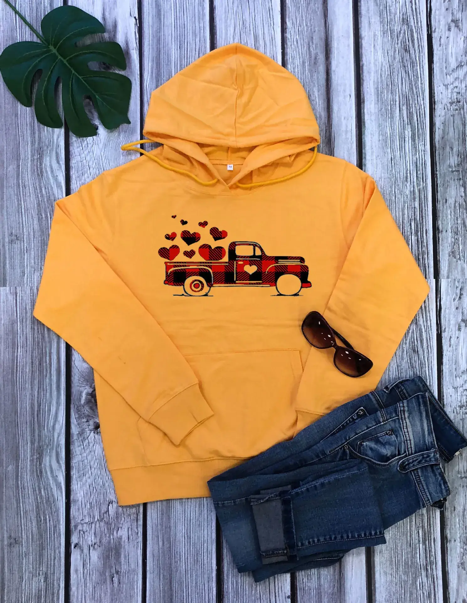 Grey Hooded Sweatshirt with Red Car Heart Print