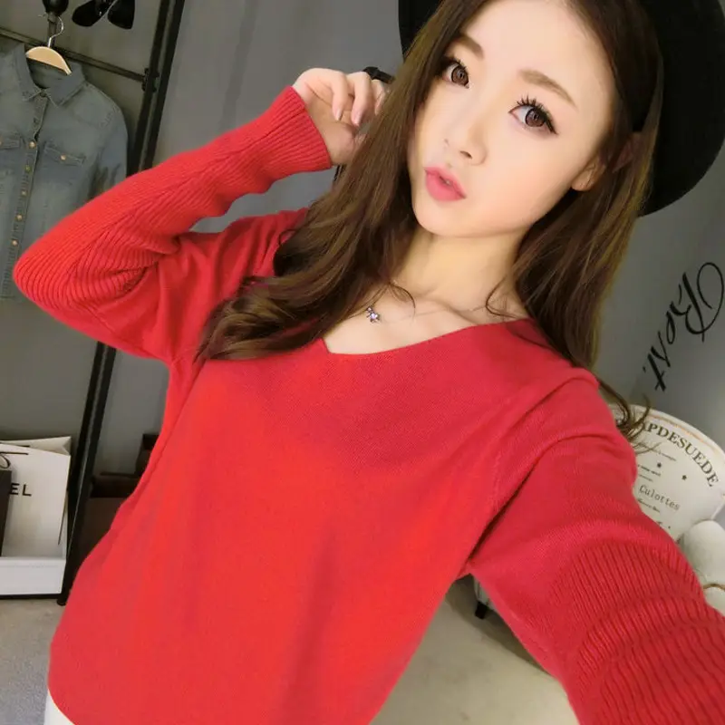 Women's Black Knitted Big V Neck Pullover Sweater - Image 7