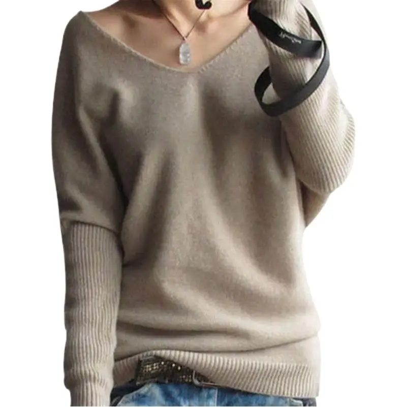 Women's Black Knitted Big V Neck Pullover Sweater