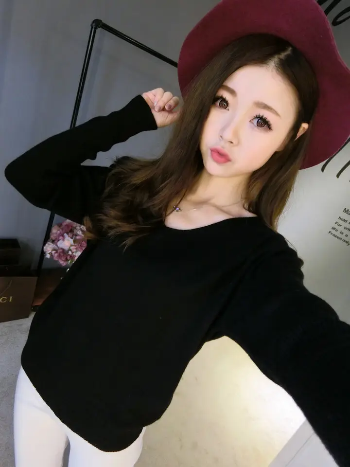 Women's Black Knitted Big V Neck Pullover Sweater — feature 10