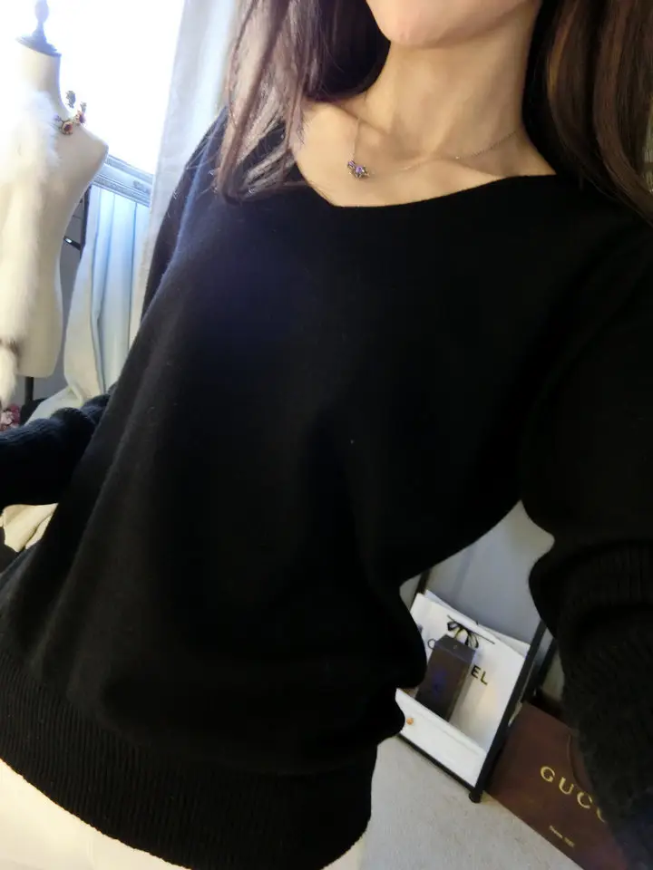 Women's Black Knitted Big V Neck Pullover Sweater — feature 12