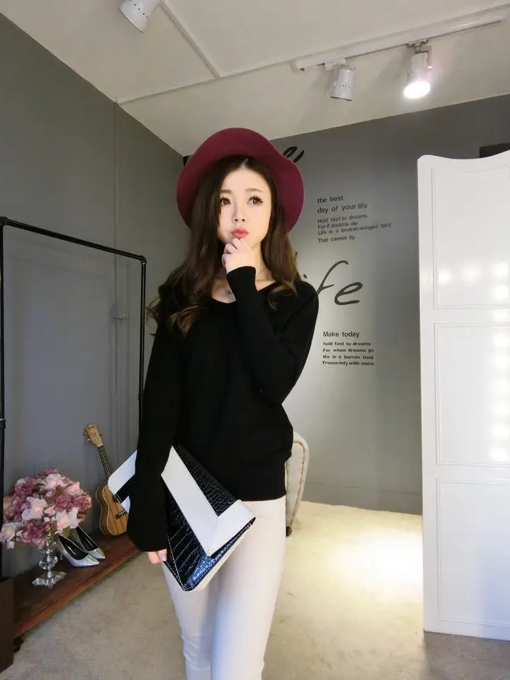 Women's Black Knitted Big V Neck Pullover Sweater — feature 13