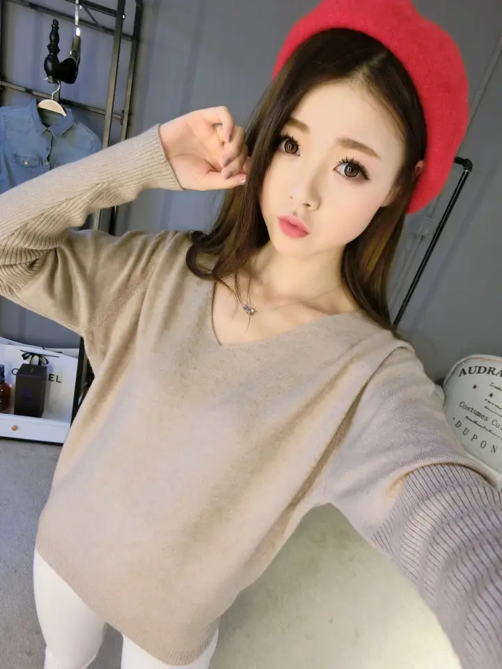 Women's Black Knitted Big V Neck Pullover Sweater — feature 25
