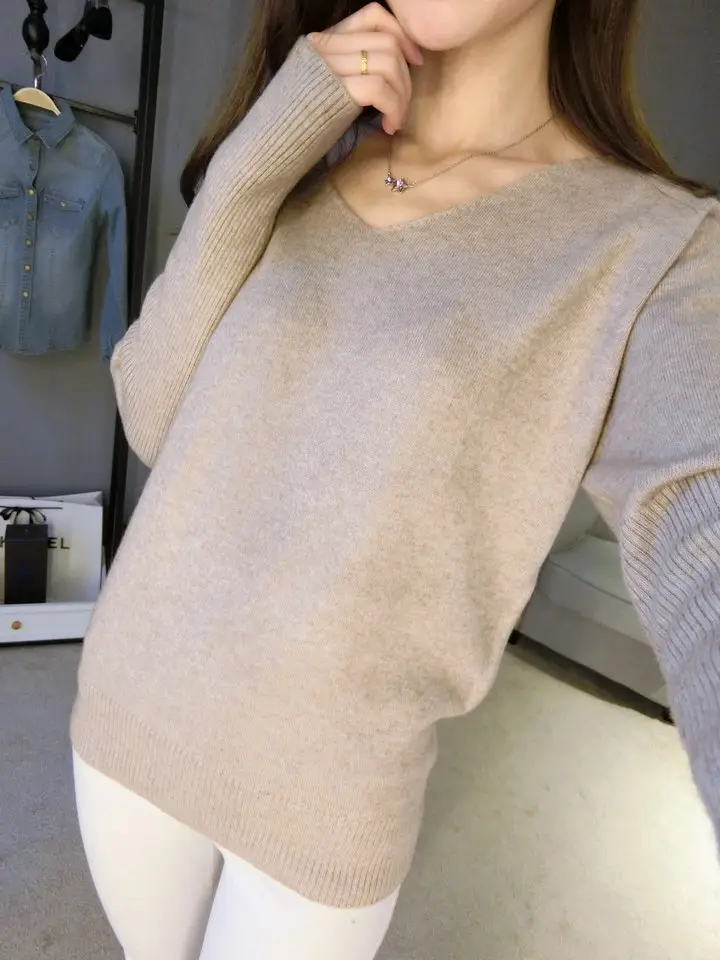 Women's Black Knitted Big V Neck Pullover Sweater — feature 27