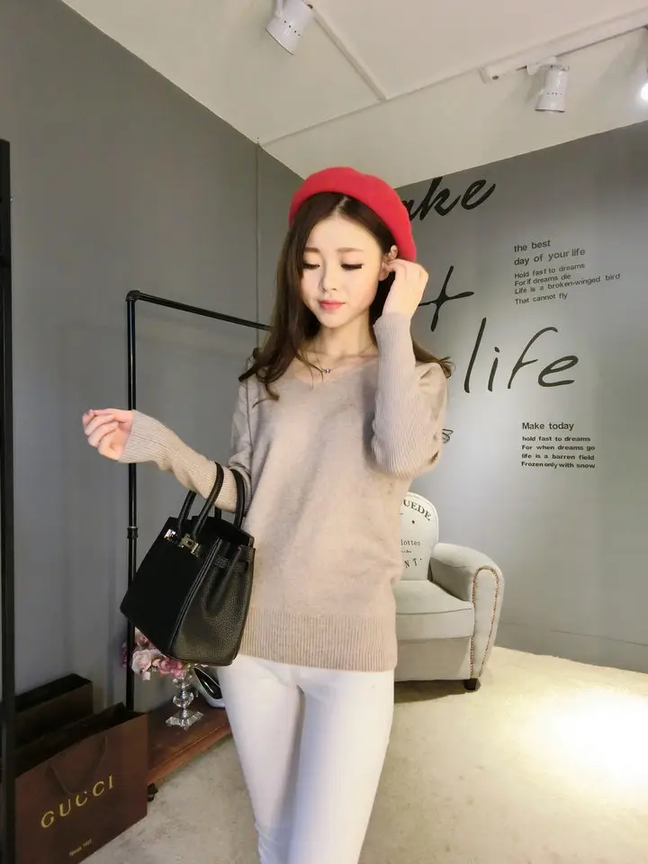 Women's Black Knitted Big V Neck Pullover Sweater — feature 28