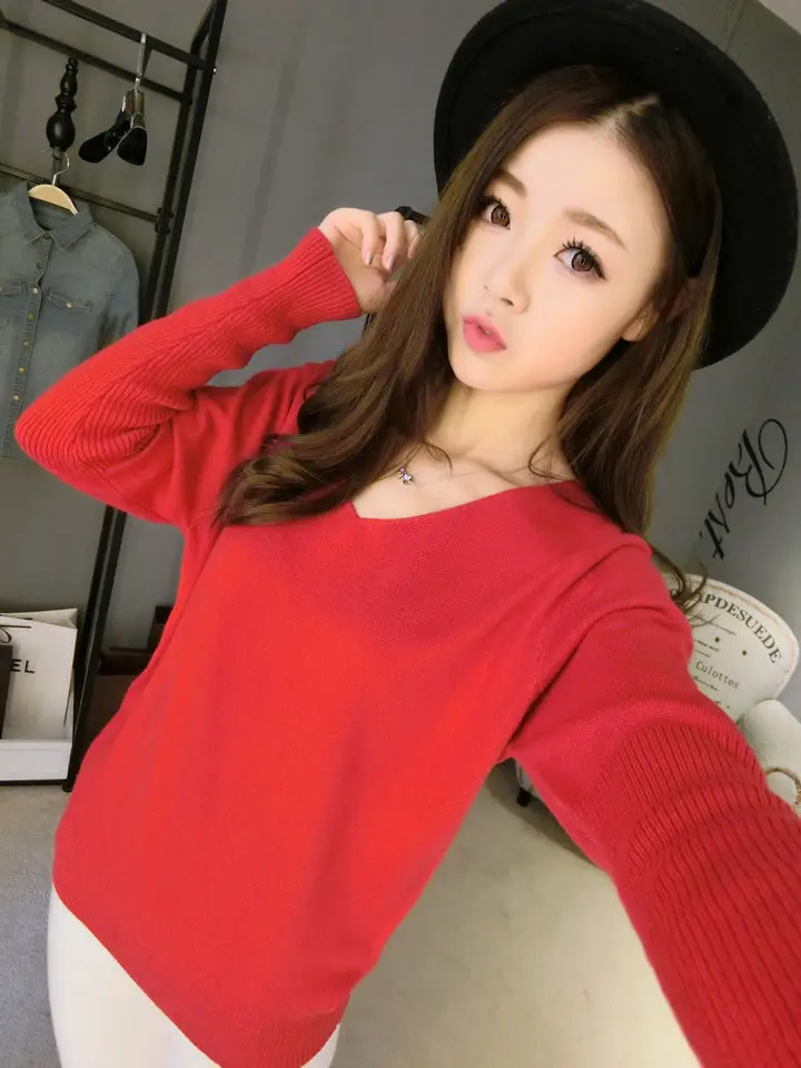 Women's Black Knitted Big V Neck Pullover Sweater — feature 3