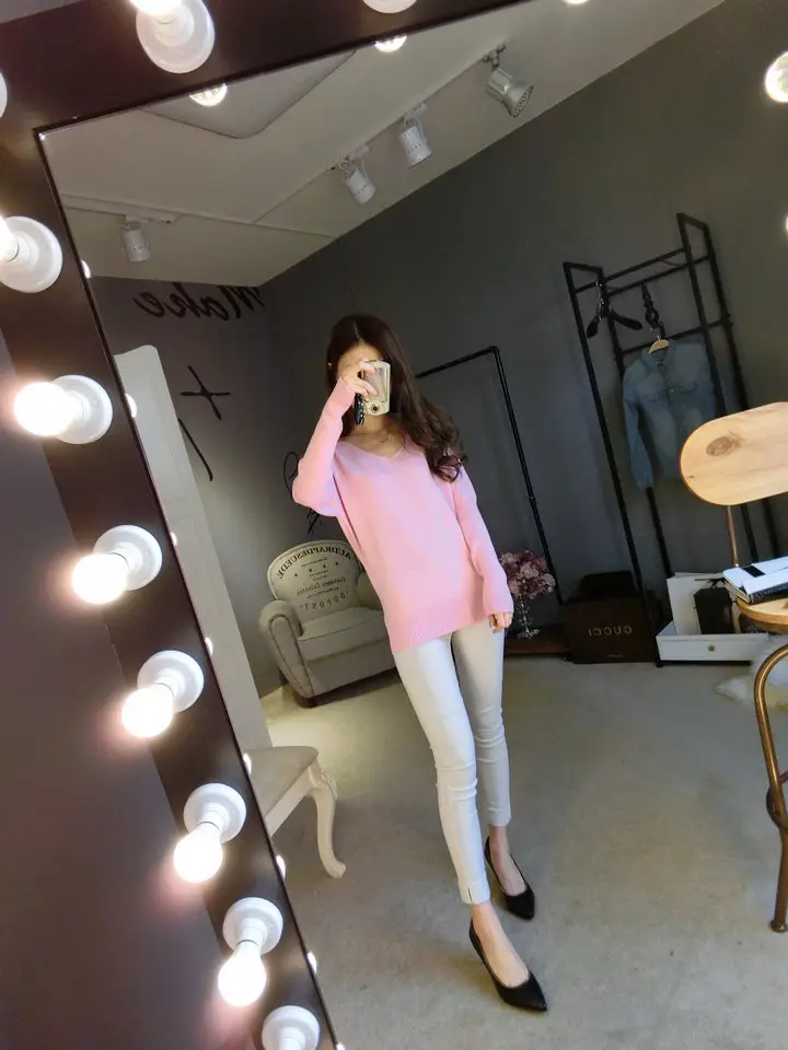 Women's Black Knitted Big V Neck Pullover Sweater — feature 41