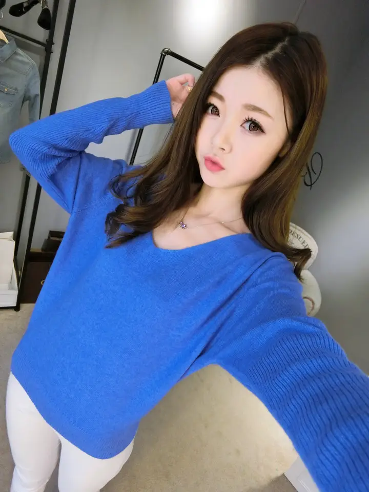 Women's Black Knitted Big V Neck Pullover Sweater — feature 42