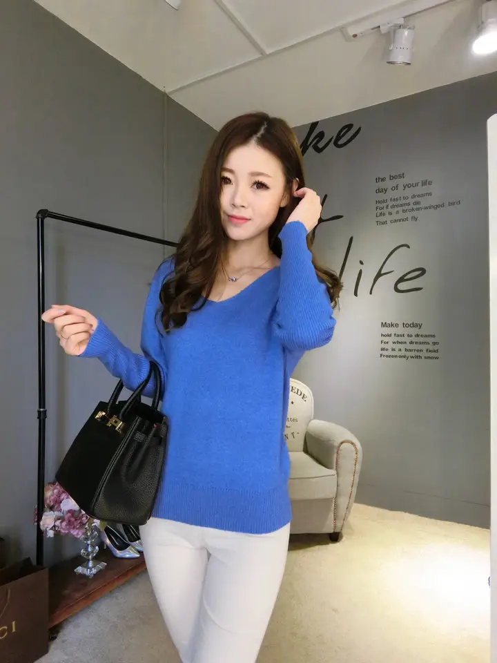 Women's Black Knitted Big V Neck Pullover Sweater — feature 44
