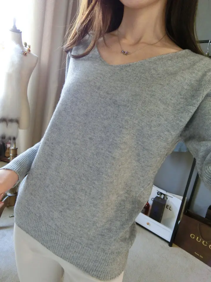 Women's Black Knitted Big V Neck Pullover Sweater — feature 50