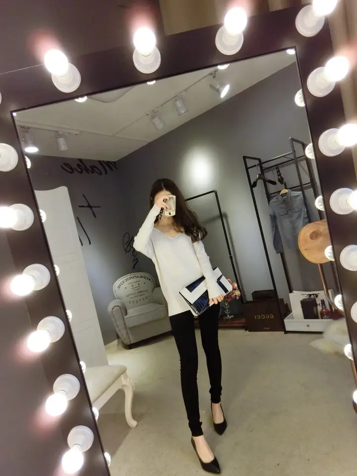 Women's Black Knitted Big V Neck Pullover Sweater — feature 53