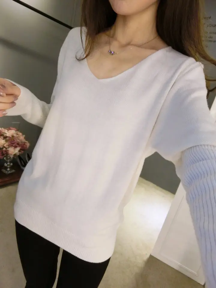Women's Black Knitted Big V Neck Pullover Sweater — feature 55