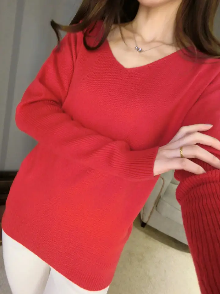 Women's Black Knitted Big V Neck Pullover Sweater — feature 6