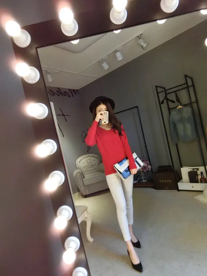Women's Black Knitted Big V Neck Pullover Sweater — feature 9