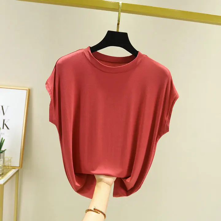 Women's Red Round Neck Vest Sleeveless T-Shirt Large
