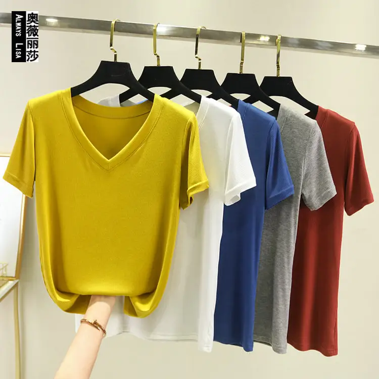 Women V-Neck T-Shirt Yellow 2025