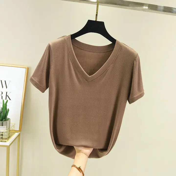 Women V-Neck T-Shirt Yellow 2025