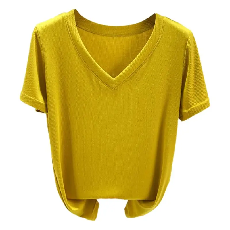 Women V-Neck T-Shirt Yellow 2025