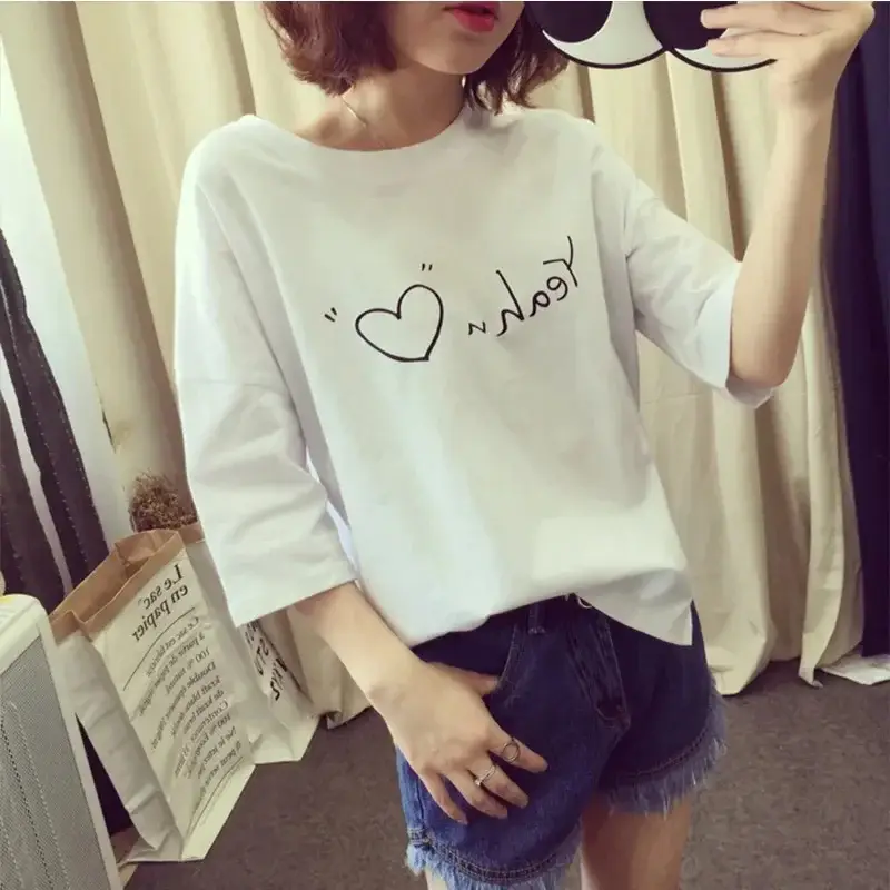 Women's White Heart Print Short Sleeve T-Shirt