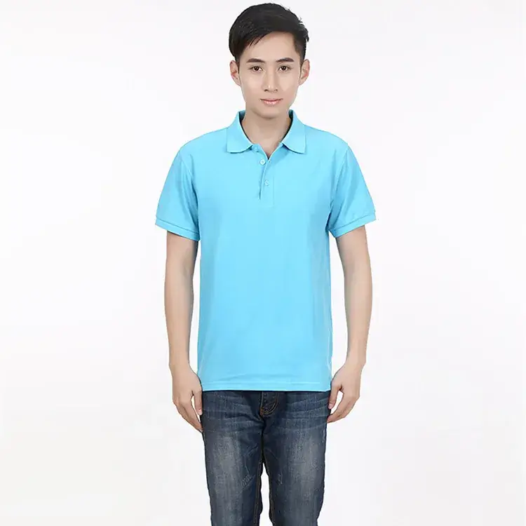Men Blue Pique Polo Shirt Short Sleeve Lapel