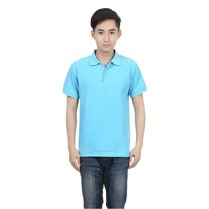 Men Blue Pique Polo Shirt Short Sleeve Lapel
