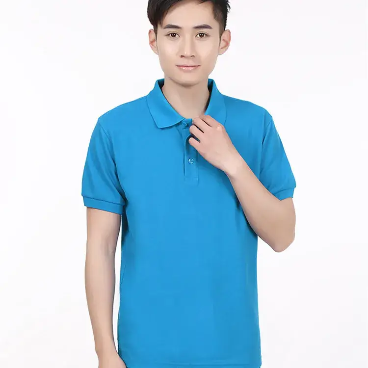 Men Blue Pique Polo Shirt Short Sleeve Lapel