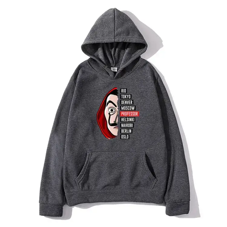Money Heist Hooded Pullover for Men Women Grey - Image 26