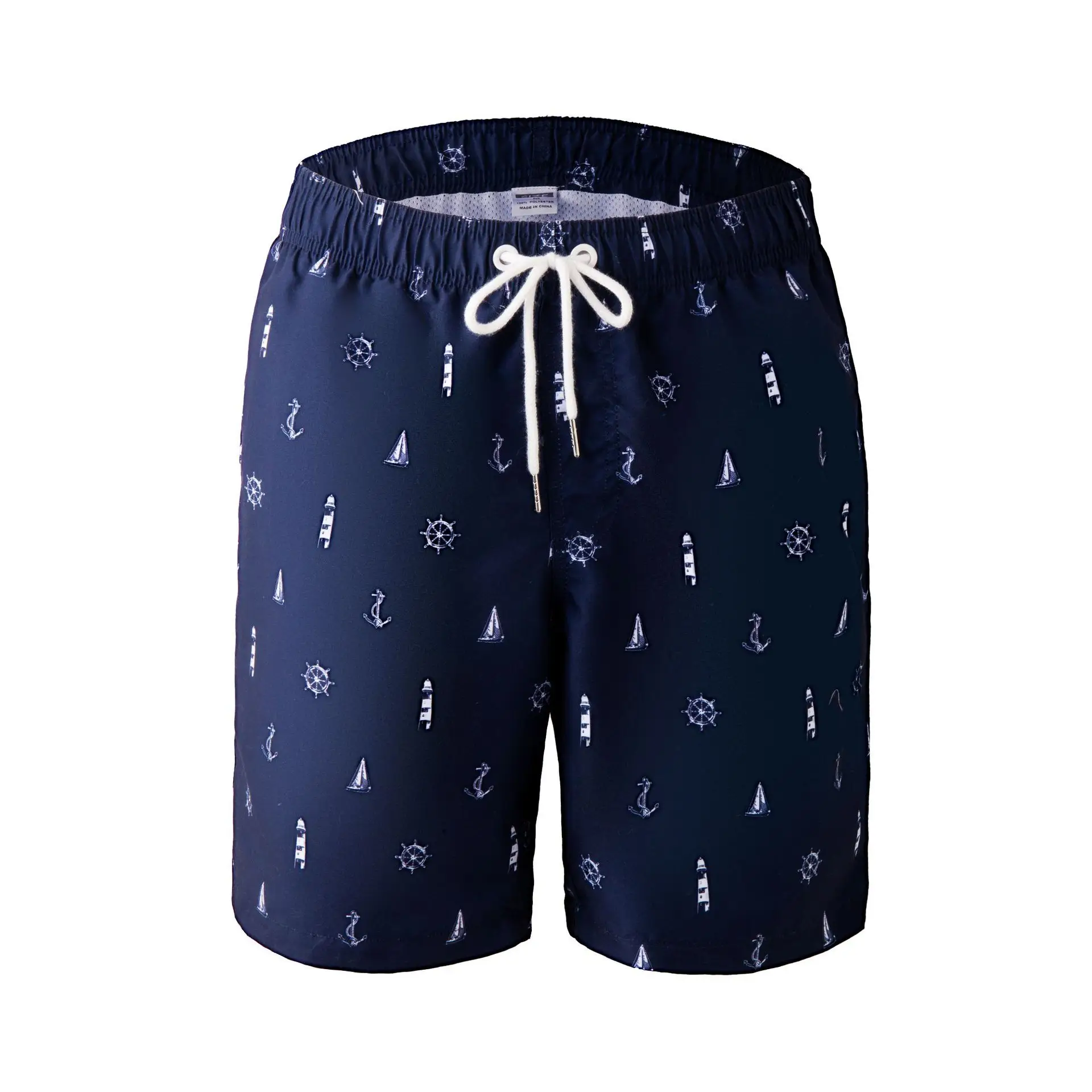 Men Printed Tropical Beach Shorts Navy White Drawstring