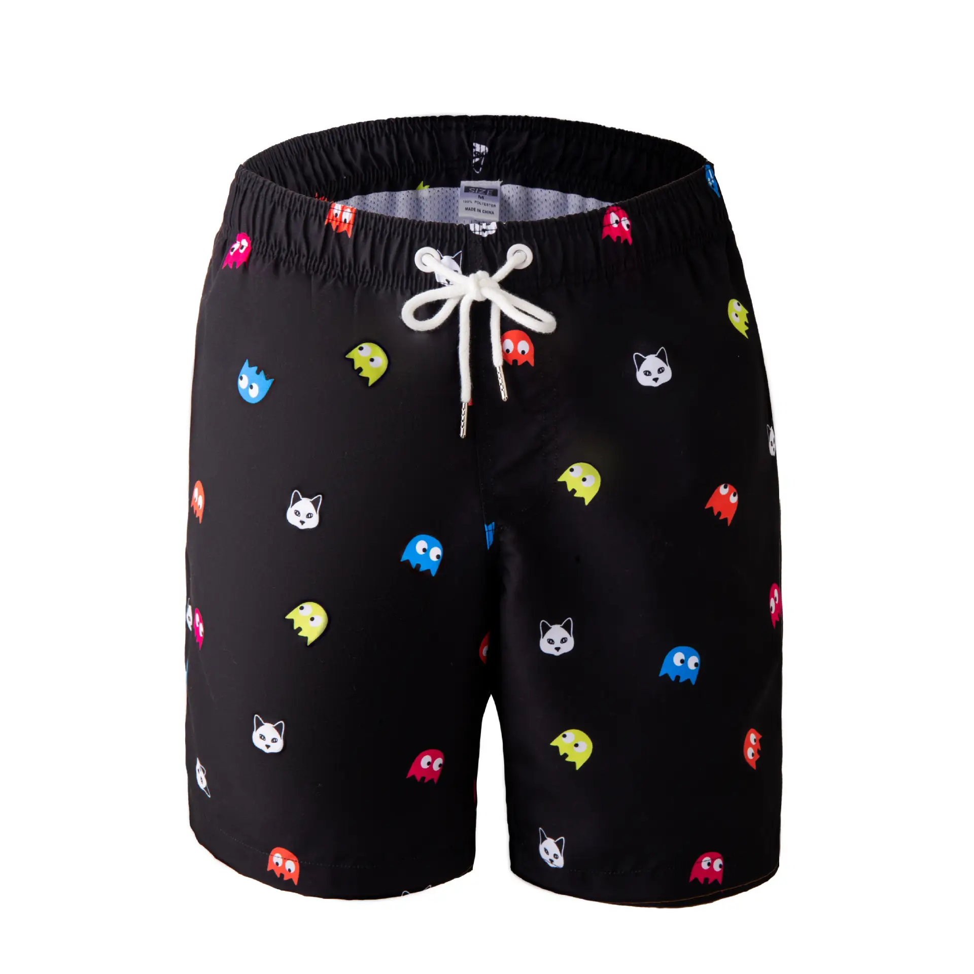 Men Printed Tropical Beach Shorts Navy White Drawstring