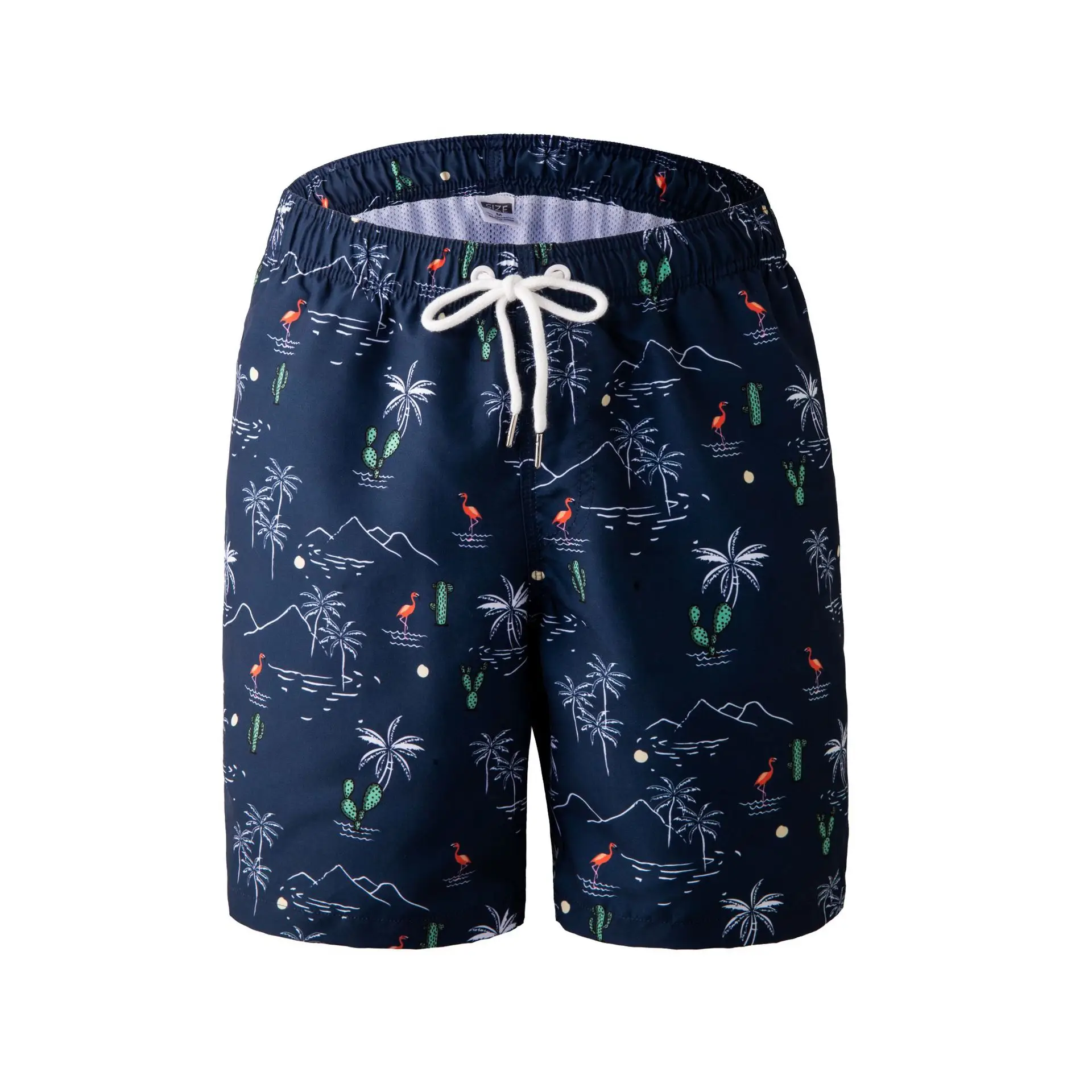 Men Printed Tropical Beach Shorts Navy White Drawstring