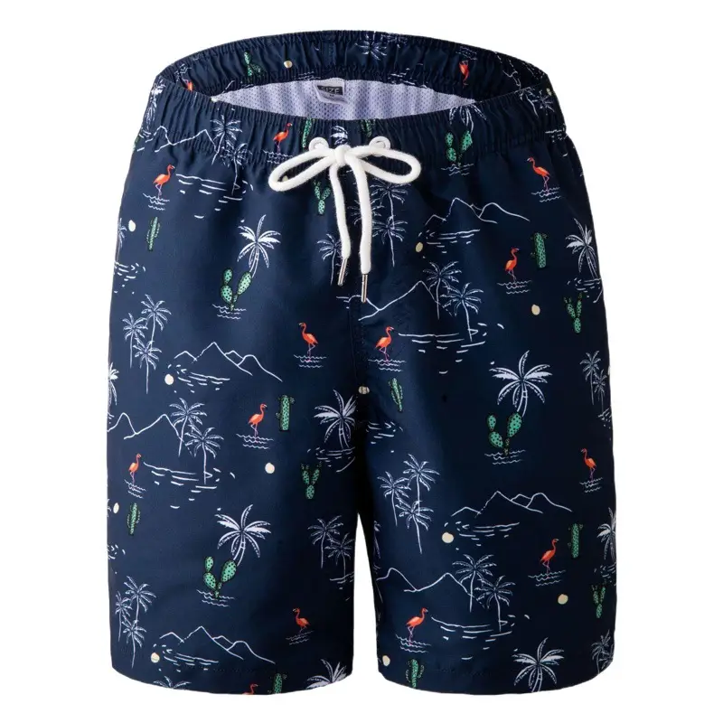 Men Printed Tropical Beach Shorts Navy White Drawstring