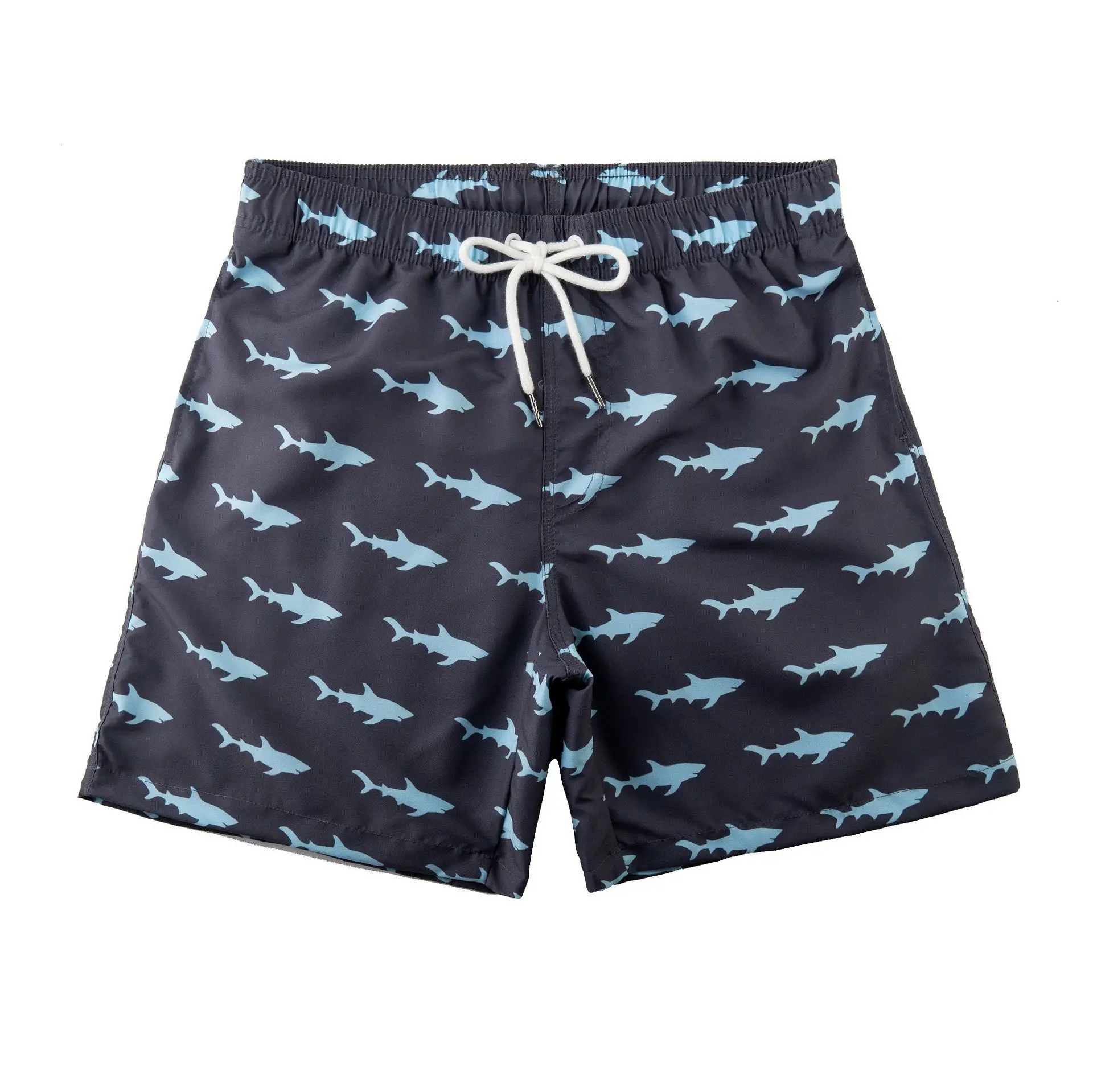 Men Printed Tropical Beach Shorts Navy White Drawstring