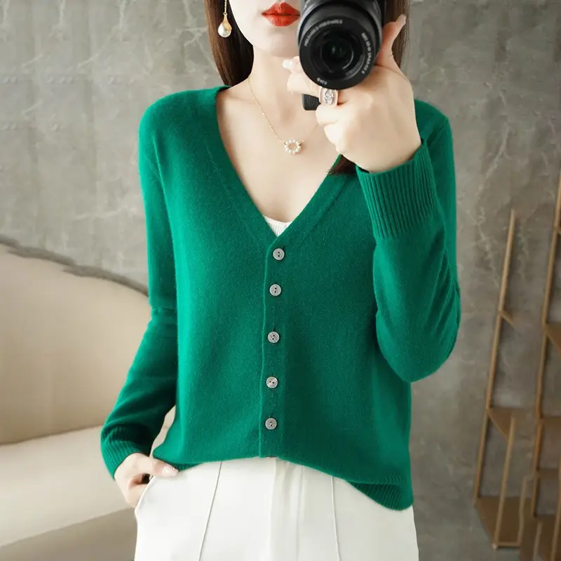 Green V-Neck Knitted Cardigan Women Spring Fall - Image 15