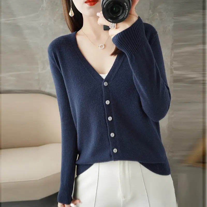 Green V-Neck Knitted Cardigan Women Spring Fall - Image 16