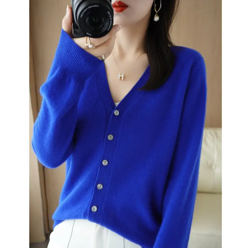 Green V-Neck Knitted Cardigan Women Spring Fall - Image 17